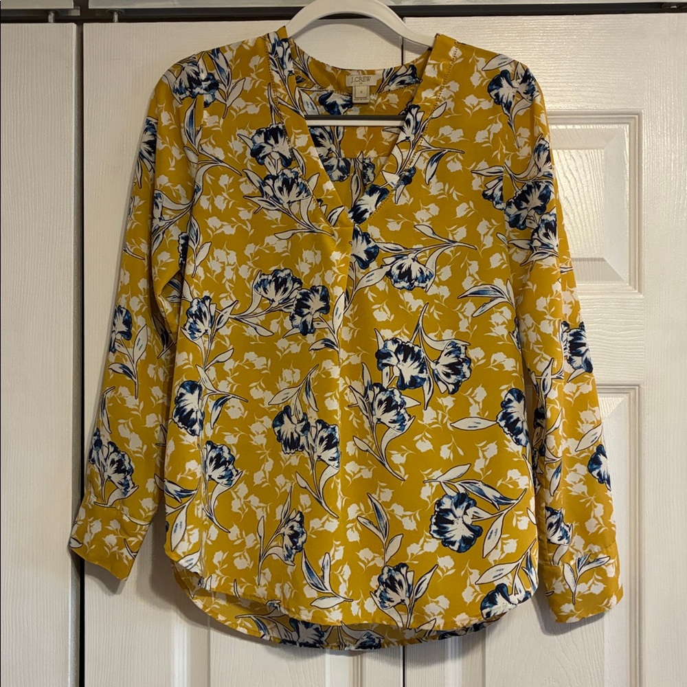 J. Crew Mustard Blouse with Blue and White Floral Highlights